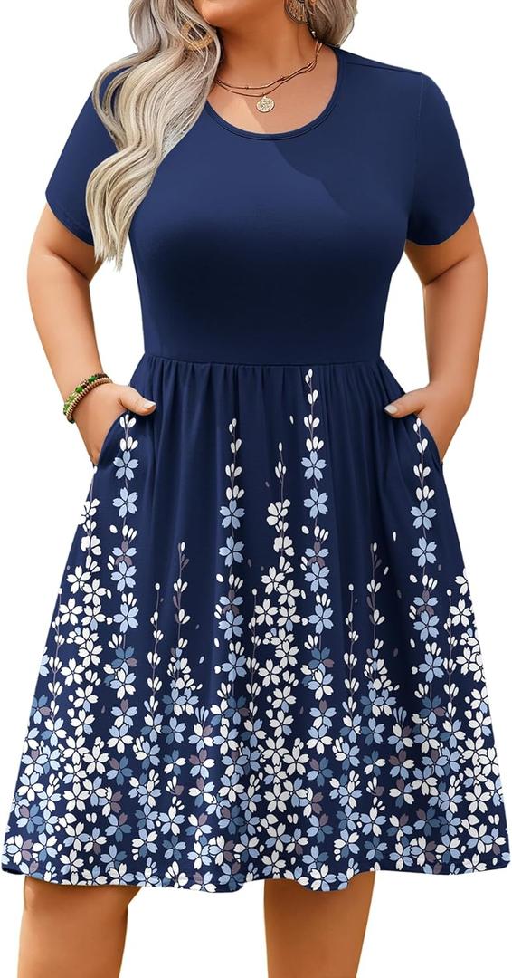 IN'VOLAND Womens Plus Size Summer Dress Short Sleeve Casual Mini Dresses Empire Waist T-Shirt Dress with Pockets (Blue). M Size