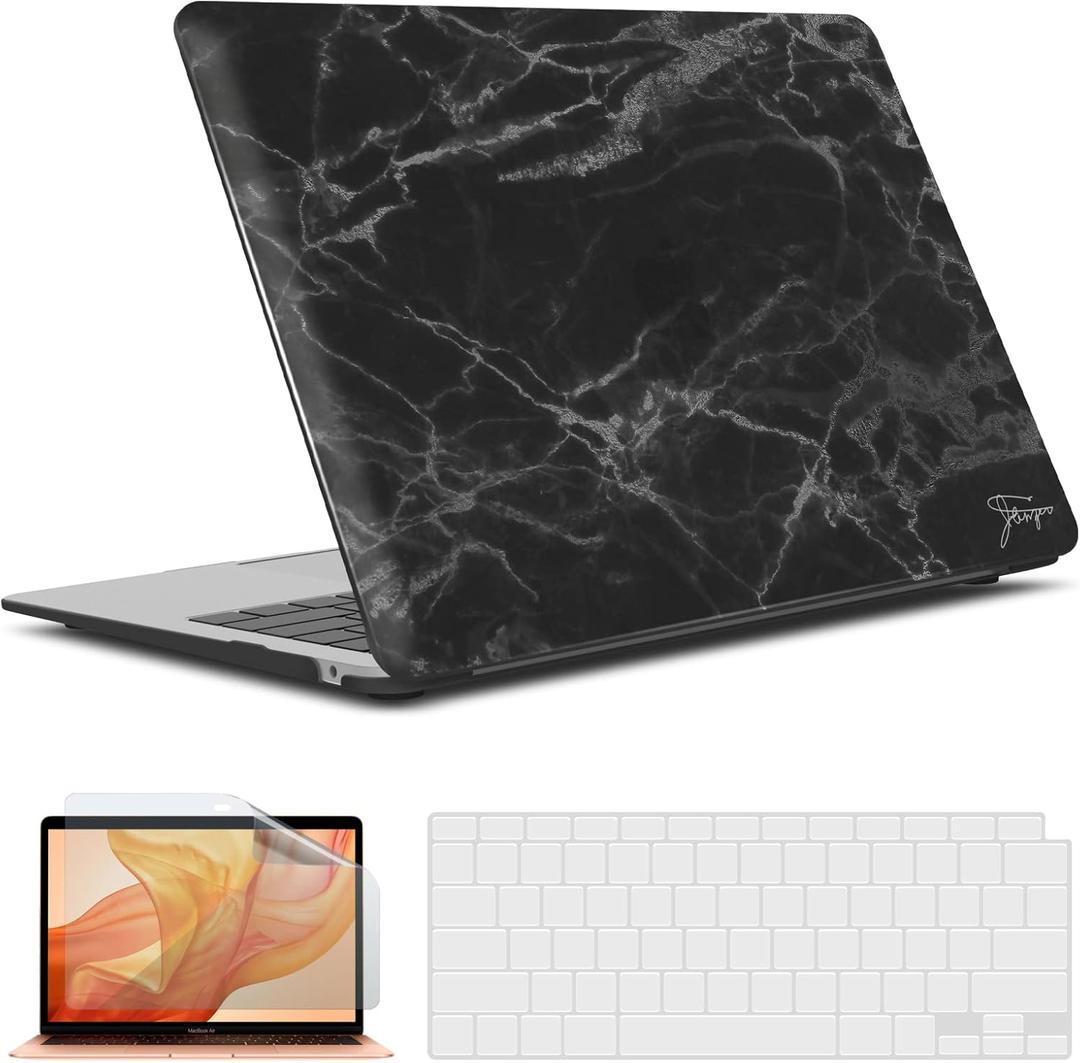 IBENZER Compatible with New MacBook Air 13 inch case 2022 2021 2020 M1 A2337 A2179 A1932, Hard Shell Case&Keyboard Cover&Screen Film for Mac Air 13 with Touch ID (2018-2022), Black Marble, AT13-BKMB+2