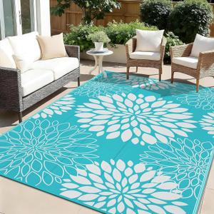 Ileading Waterproof Outdoor Rug 6x9, Reversible Plastic Straw Patio Rug, Portable Indoor Outdoor RV Camping Mat Carpet for Deck, Porch, Balcony, Backyard, Picnic, Floral Teal