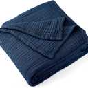 Carriediosa 100% Cotton Muslin Throw Blanket 108x 90 Summer Gauze for Adult | 4-Layers King Size Throws for Bed Sofa Couch, Soft Lightweight Breathable Linen Blankets Bedspread All Season, Navy Blue