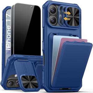 SSLOTSCASE for iPhone 17 Case with 2X Privacy Screen Protector, Card Holder & Adjustable Kickstand & Slide Camera Lens Cover & Camera Stand & Wallet, Heavy Duty Rugged Case Cover for iPhone 17, Blue