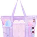 Tagitary Mesh Beach Bag with Zipper Large Beach Tote Waterproof Sandproof with 8 Pockets for Toys Pool Bag Beach Accessories (Purple)