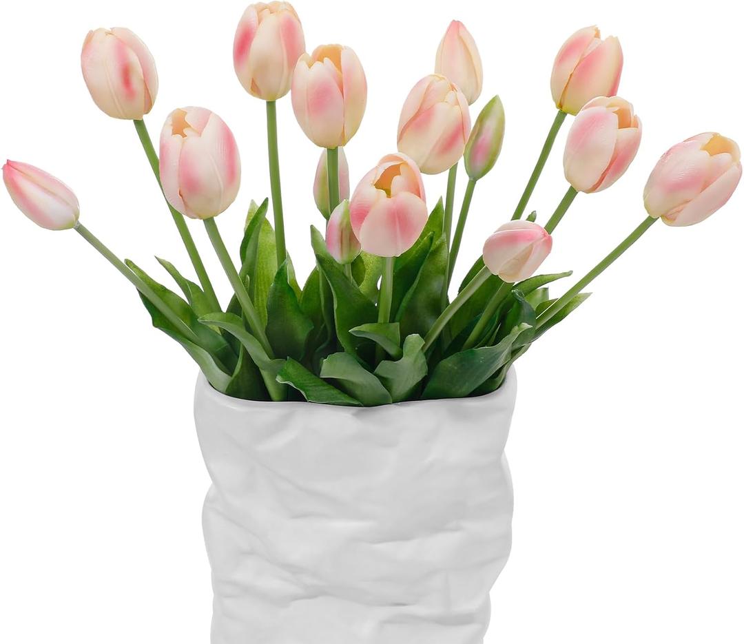 15 Pcs Meat Pink Artificial Flowers Tulips Latex Plastic Soft Faux Bouquets for Party, Wedding, Home, Room, Garden Decor
