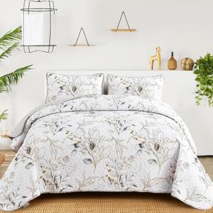 Grey Quilt Set King,3 Pieces Reversible Elegant Grey Botanical Leaves Pattern Bedspread Coverlet Soft Microfiber Bed Cover for All Season(104"90")
