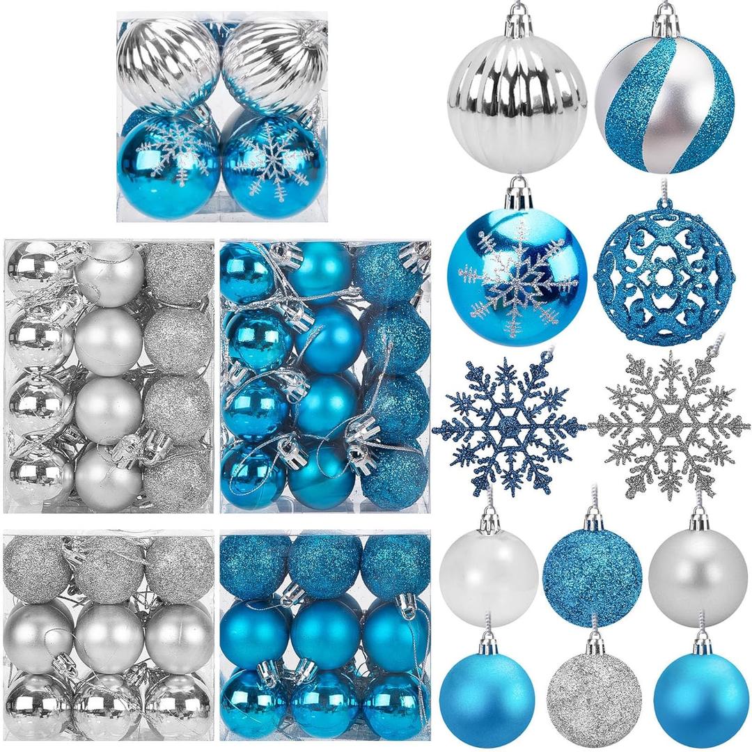 DomeStar 100PCS Christmas Ball Ornaments, Christmas Tree Ornaments Glitter Shatterproof Baubles Snowflakes for Xmas Tree Wreath Party Wedding Decorations (Blue and Sliver)