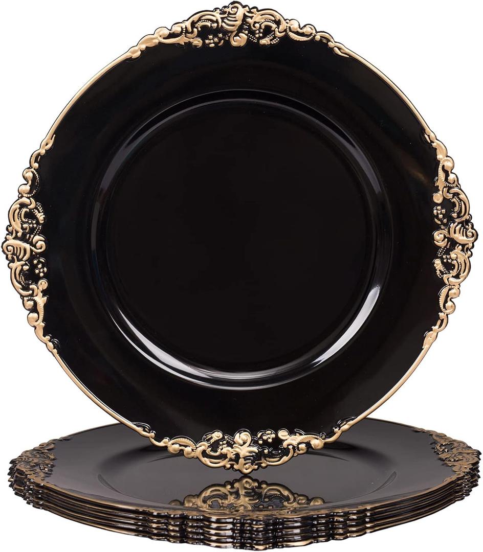 MAONAME Black Charger Plates with Gold Rim, Round Antique Plate Chargers for Dinner Plates, 13" Plastic Charger for Wedding Table Setting, Set of 6