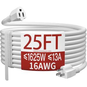 16/3 25 Ft Indoor White Extension Cord, Flexible & Flame Retardant White 3 Prong Power Cord Indoor for Home and Office, 13 Amps 1625 Watts 125 VAC 16AWG, ETL Listed