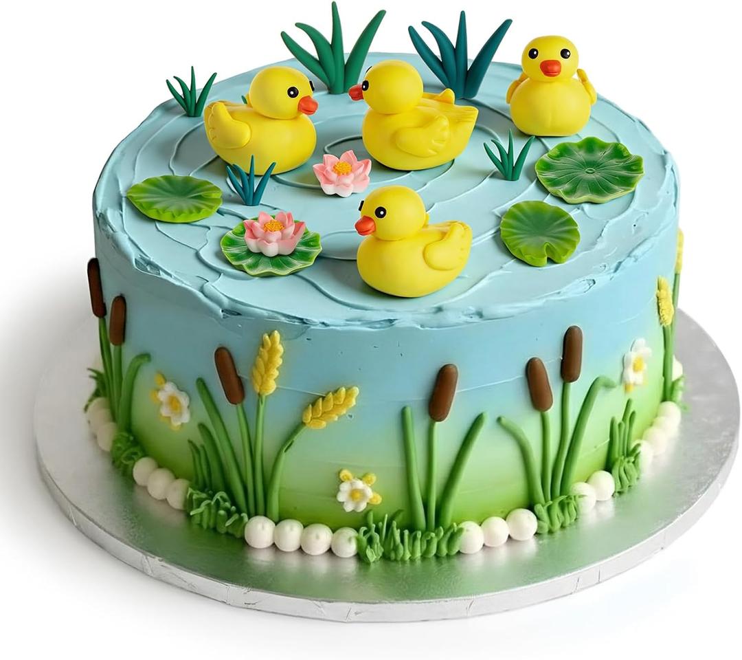 Leinuosen 18 Pcs Yellow Duck Cake Decorations Cute Little Duckie Birthday Cake Topper Lotus Flower Leaves Grass Farm Animal Birthday Party Decorations for Duck Theme Baby Shower Gender Reveal Supplies