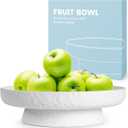 Granite Inspired Matte White Fruit Bowl | Wide, Shallow Textured Pedestal Bowl | 11 Inch Unique Centerpiece for Table or Decor for Entryway Table