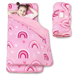 Beavtaens Toddler Nap Mat with Pillow and Minky Blanket, Large 55"x35" Sleeping Bag, Washable, Lightweight, Easy to Roll, Perfect for Preschool, Daycare, Kindergarten, Travel, Boys and Girls (Rainbow)