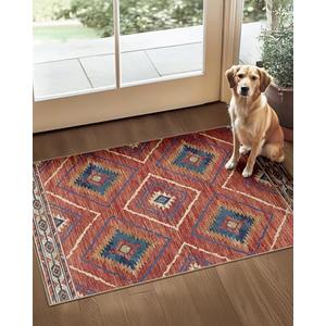 Area Rug 2x3 Rug Machine Washable Non-Slip Low Pile Print Pattern Western Rug for Living Room Bedroom Entryway Tribal Series -Red/Orange