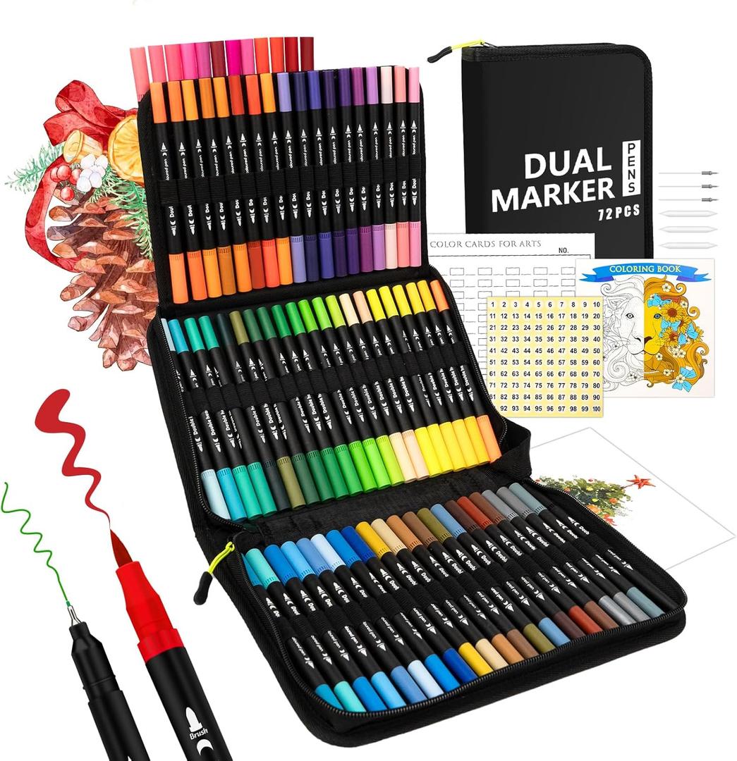 Markers for Adult Coloring Books No Bleeding, 72 Colors Dual Tip Coloring Markers for Adults, Brush&Fine Tip Art Supplies for Calligraphy, Journaling, Sketching, Christmas Gifts for Teens with Case