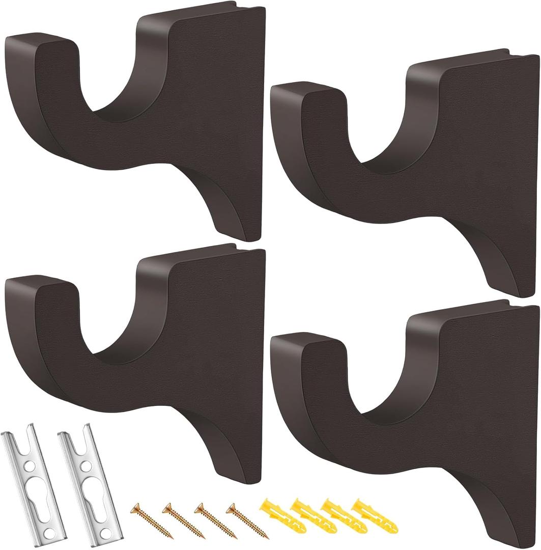 Briwooody 4 Pack Wooden Curtain Rod Brackets Curtain Rod Holder Wood Brackets Classics 3 1/2" Return Bracket for 2" Pole (Brown)