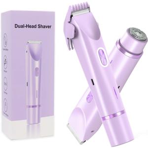 2 in 1 Bikini Trimmer for Women Dual Head Shaver Electric Razors Lady Pubic Hair, Ipx7 Waterproof Bikini Underarm Arms Leg Face Body (Purple)