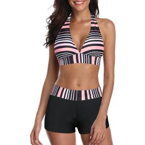Zando Women's Two Piece Halter Swimsuit Athletic Push Up Bikini Set Swimwear with Boyshorts Sporty V Neck Bathing Suit Pink Black Stripe S (US Size 2-4)