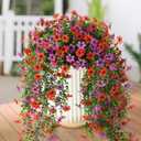 Artificial Hanging Flowers Plants for Outdoor Spring Summer Decoration,2 PCS Faux Silk Daisy with Eucalyptus Leaves,UV Resistant Look Real for Outside Home Planter Porch Patio Balcony Yard Decor (Red Purple)