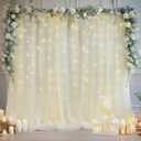 1010ft Cream White Tulle Backdrop Curtain with Lights String for Parites, Sheer Photo Curtain Backdrop Drapes for Wedding Party Photography Backgrounds (10ftx10ft, Ivory)