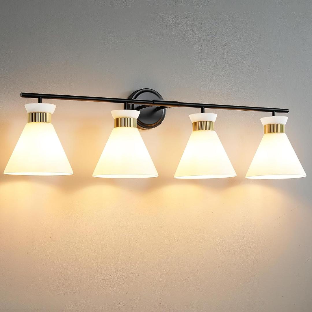 Bathroom Vanity Light Fixtures: 4-Light Mid Century Modern Vanity Lights for Bathroom Over Mirror, Black and Gold Wall Sconce Lighting with Frosted Milky Glass for Bath Bedroom