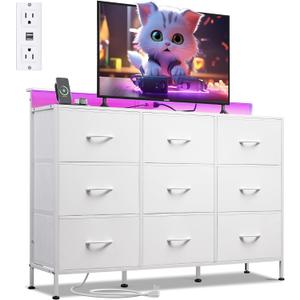 WLIVE White Dresser TV Stand for 45, 50, 55 inch TV, Entertainment Center with LED Lights & Charging Station, Chest of drawers with 9 Fabric Drawers and Open Shelves for Living Room, Hallway, Wood Top