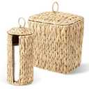 Wicker Waste Basket and Toilet Paper Holder, 2.5 Gal Handwoven Water Hyacinth Trash Can with Lid Garbage Bin, Toilet Paper Storage, Woven Rustic Decorative for Bedroom, Bathroom, Office, Living Room