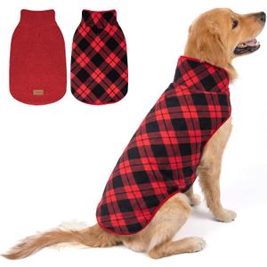 cyeollo 2XL Dog Coat, Sherpa Winter Dogs Sweater Warm Fleece Doggie Coats Turtleneck Reversible Jackets for Small Medium Large Dogs with Leash Hole, Soft Cold Weather Vest, Buffalo Plaid XXL
