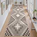 Beeiva Checkered Boho Carpet Runners for Hallway 10 ft, Non Slip Washable Rug Runner for Kitchen 2.5x10, Farmhouse Ultra Thin Checkerboard Extra Long Rugs for Hallway Entryway Bathroom, Khaki (Brown)