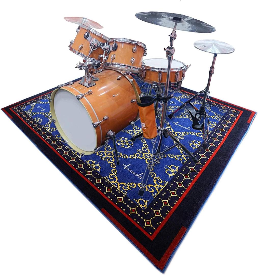 Aucuda Blue Drum Rug 6x6.6 ft Drum Mat Outdoor, Tightly Woven Fabric Cool Drum Set Carpet with Non-Slip Grip Bottom, Electric Drum Accessories for Studio, Apartment, Soundproof, Guitar, No Crease.