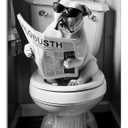 OIQArtOIQ Funny Bathroom Canvas Wall Art Black and White Wall Art Bull Dog On Toilet Reading Newspaper Animal Art Prints Artwork For Restroom, 16x24 in