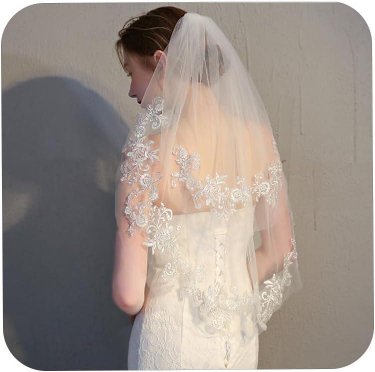 2 tier Lace Wedding Veils for Brides Short Waist Length Bridal Veil With Comb for Brides (White)