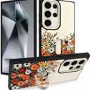 White Case with Stand for Samsung Galaxy S24 Ultra, Floral Flowers | Wireless Charging Compatible, Finger Strap Stand, Kickstand, Shockproof Protection, Soft TPU and Hard PC, for Women