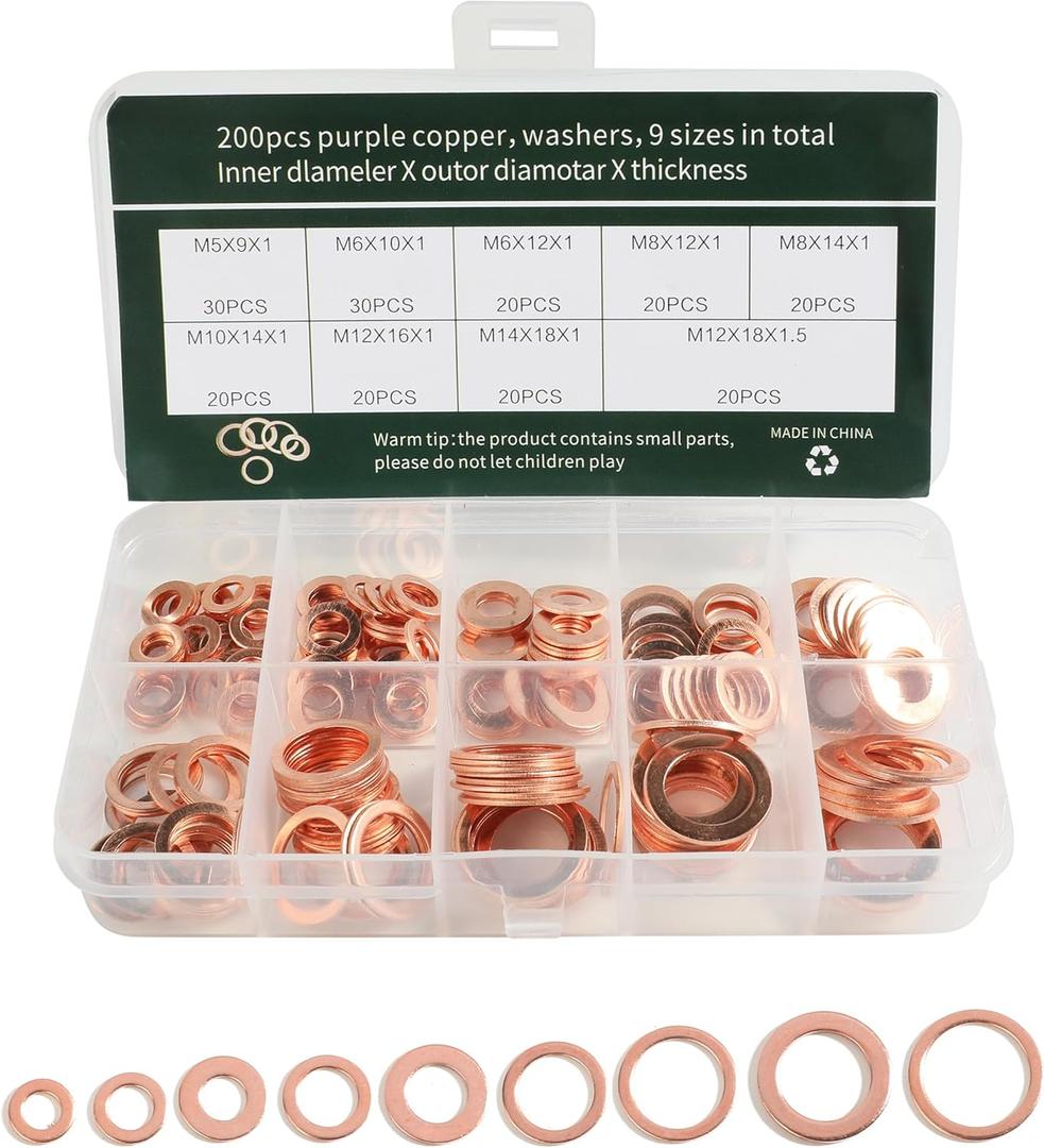 200PCS Crush Washer Assortment, M5-M14 Metric Copper Washers, Suitable for Most Vehicles