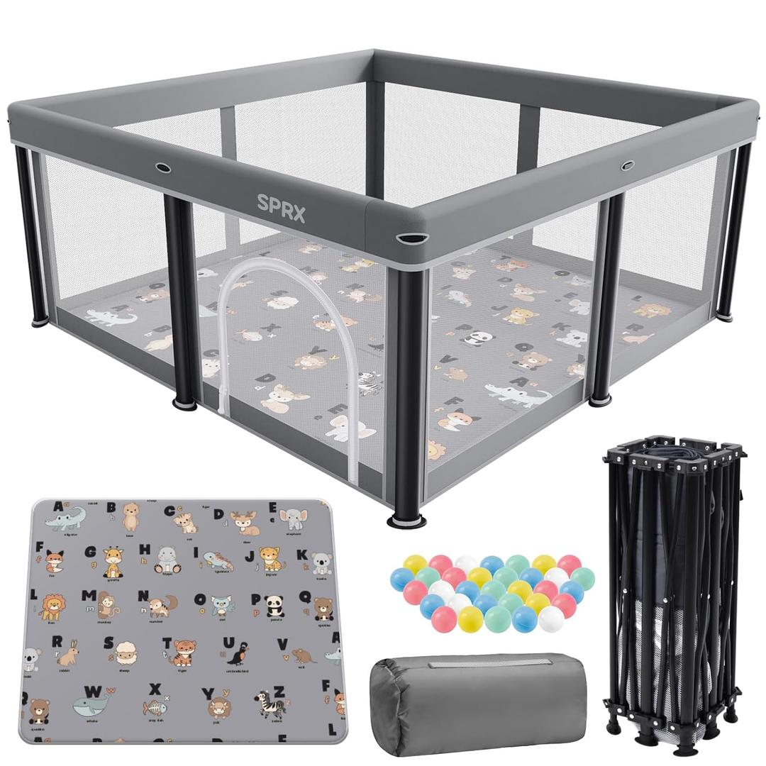 Foldable Baby Playpen with Mat,50"50" Collapsible Playard for Babies and Toddlers,Indoor&Outdoor Kids Safety Play Pen,Portable Travel Playpen with Travel Pack and 30 Ocean Balls