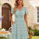 Kranda Women 2026 Summer V-Neck Casual Beach Sundress Empire Waist Short Flutter Sleeve Ruffle Floral Midi Dress with Pockets (Green, M)