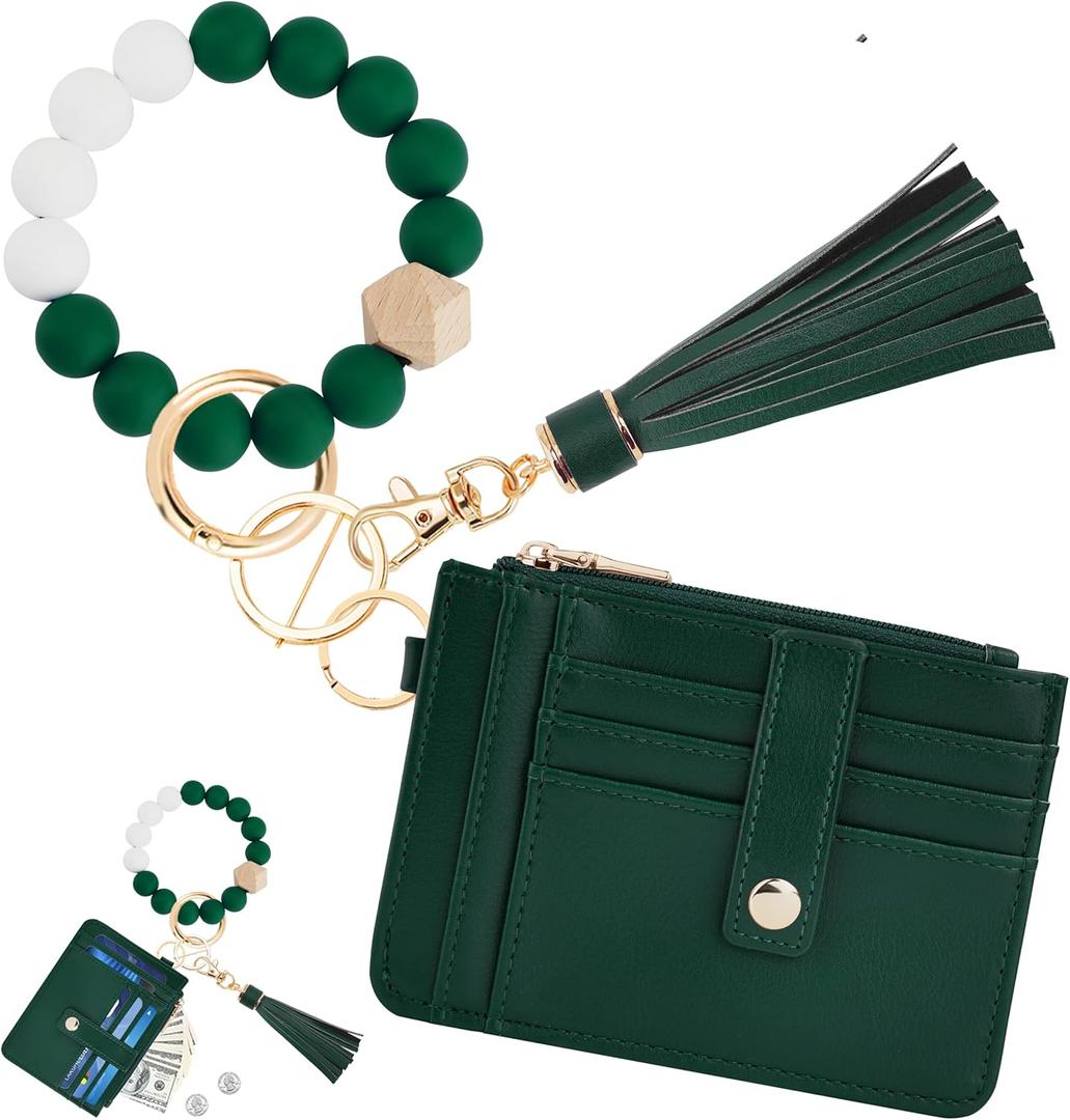 KNGITRYI Wallet Keychain Wristlet for Women,Slim RFID Credit Card Holder Purse Tassel Keychain Bangle Key Ring for Men Women (Dark Green)