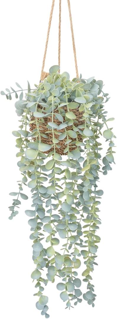Artificial Hanging Plants in Woven Basket for Wall Decor, Indoor Greenery Full Fake Eucalyptus Leaves, Farmhouse Boho Rustic Home Decoration 1PCS