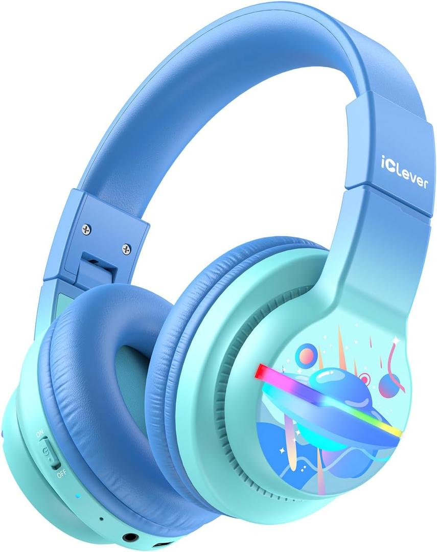 iClever BTH12 Kids Bluetooth Headphones,Colorful LED Lights,74/85dBA Safe Volume,85H Playtime,Fast Charging,Bluetooth 5.2,Over Ear Kids Headphones Wireles for iPad/Tablet/Airplane,Gradient Blue