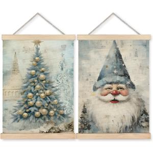 BearCake Vintage Light Blue Christmas Wall Art Poster Hanger Frame, Christmas Home Decor, Blue Fairytale Winter Xmas Tree Gnome Wall Decor for Home Bedroom Living Room, 12x16 Inch Set of 2 (Gua Hua christmas-blue santa)