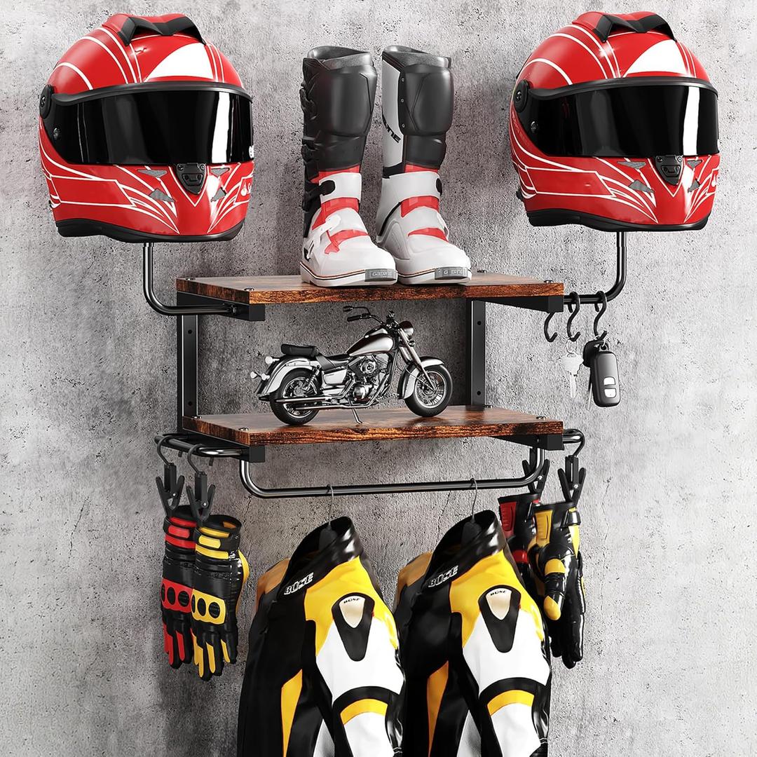 Motorcycle Helmet Holder Wall Mount, 2-Tier Helmet Rack with 2 Hat Stands, Motorcycle Accessories Gear Storage Organizer Display for Men Jackets, Caps in Garage, Living Room (Rustic Brown)