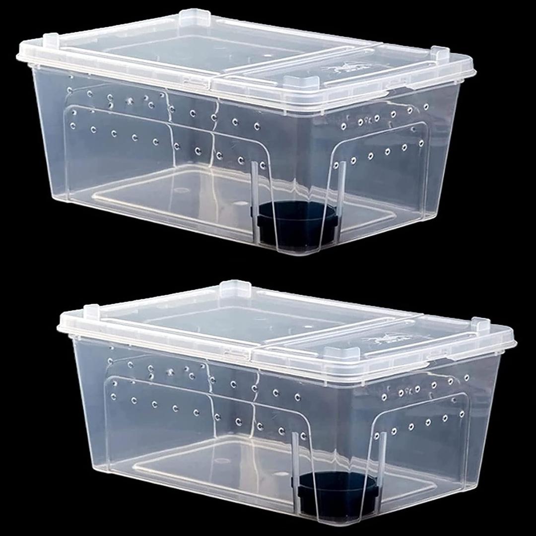 kathson 2PCS Reptile Feeding Box Portable Small Snake Terrarium Habitat Mini Pet Breeding Cage Hatching Container Transparent Gecko Houses for Small Frog Tarantula Spider Scorpion (White)