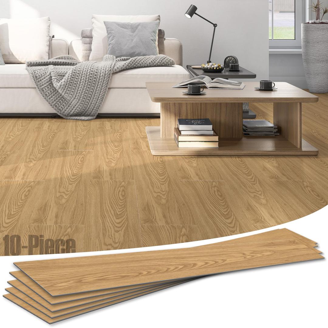 Soundbox Noise Reducing Floor Mats 10PCS, Quiet Wood Grain Vinyl Floor Tiles 48x7.3 Inch, Waterproof Anti-Slip Floor Covering, Need Glue Easy Lay Installation for Bedroom, Living Room