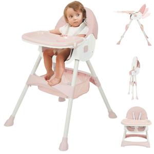 Baby High Chair, 6 in 1 Convertible High Chairs for Babies and Toddlers with 5-Point Safety Harness,Foldable High Chair for Space-Saving, Adjustable Dining Tray,Backrest & Height,Easy to Clean Surface (Pink)