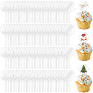 100 Pieces 2 Inch Circle Acrylic Custom Cupcake Topper, DIY Clear Blank Cake Personalized Cupcake Topper with Sticks for Birthday Party, Christmas, Halloween, Wedding, Baby Shower Cake Decoration