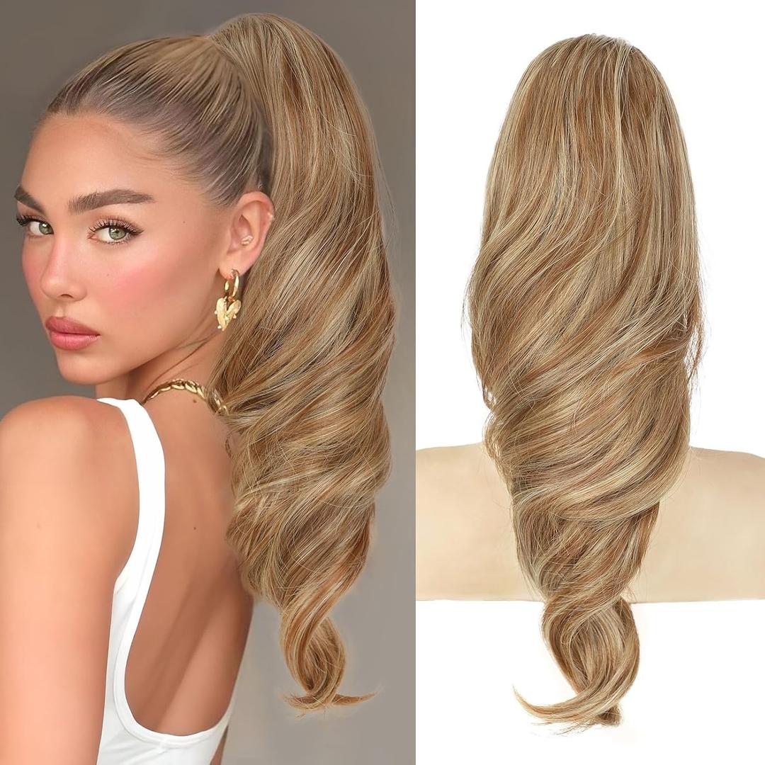 Lommel Ponytail Extension 18Inch Claw Clip Ponytail Extension Brown with Golden Highlights Wavy Curly Claw Clip in Ponytail Hair Extensions, Natural Fake Ponytail Synthetic Hairpiece for Women