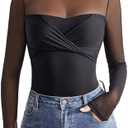 Avidlove Bodysuits for Women Long Sleeve Crew Neck Body Suit One Piece Sheer Leotard Twist Knot Going Out Tops M