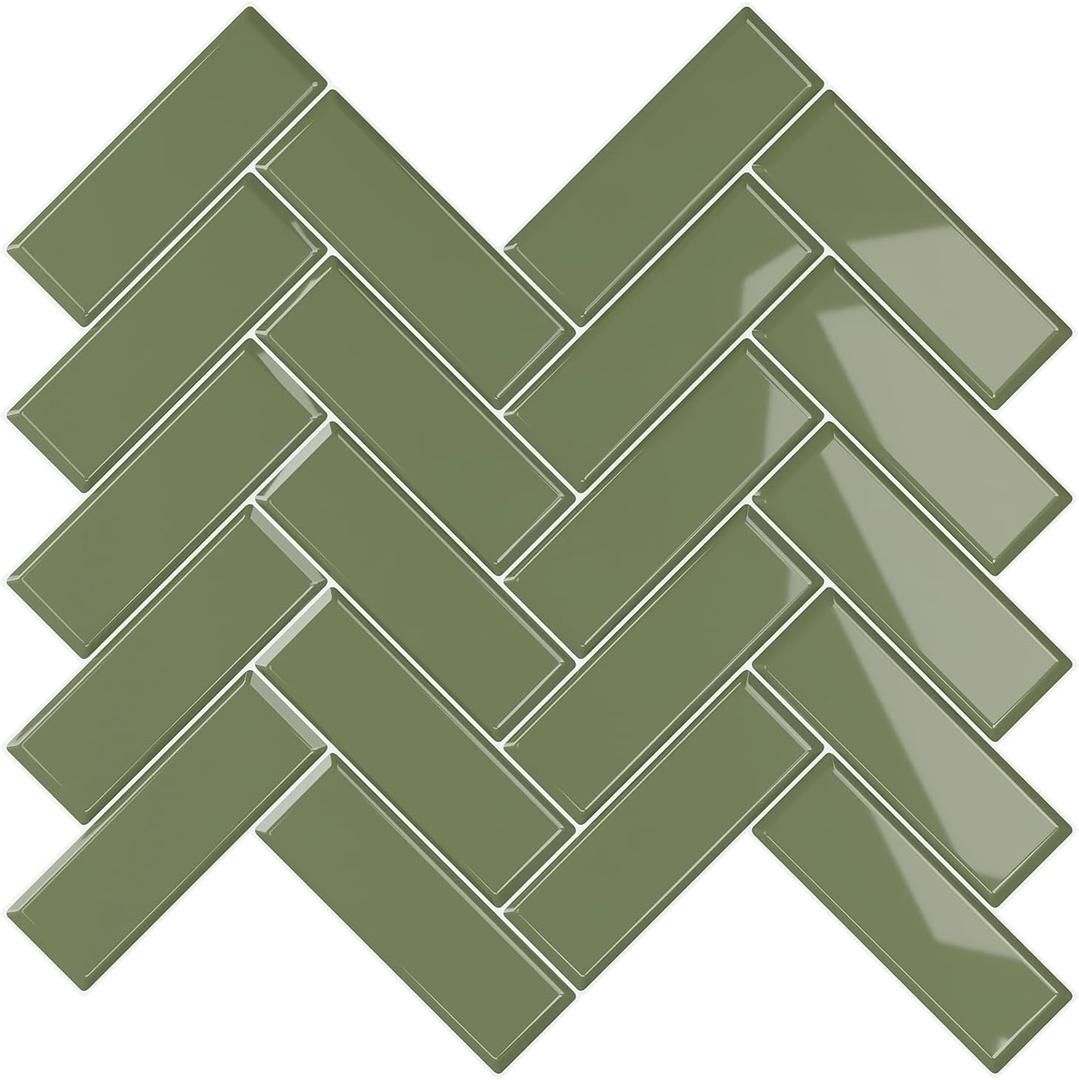 VEELIKE Olive Green Peel and Stick Tile Backsplash Herringbone Peel and Stick Backsplash for Kitchen Bathroom Walls 6 Sheets Green Peel and Stick Tile Waterproof Stick on Backsplash Tiles 12''x12''