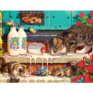 100 Piece Puzzles for Kids Cat 100 Piece Puzzles for Adults, Cute Kitten 100 Pieces Puzzle for Kids Ages 4-8, Doorstep Raiders Puzzle for Seniors Teens Brain Teaser (Cats Drinking Milk)