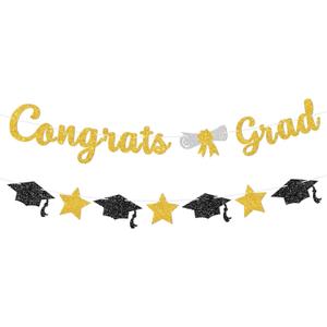 Black Gold Congrats Grad Banner for Graduation Decorations,Glitter Congratulations Graduate Banner Decor Sign-Class of 2026 Party Decorations Supplies for College High School Home Party Backdrop