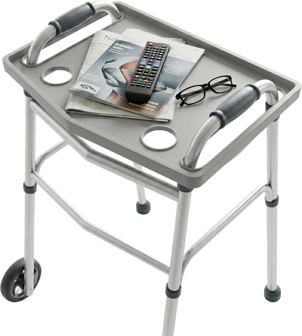 Bluestone Walker Tray Table with 2 Cup Holders, Gray