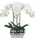W&W Artificial Orchid Plants & Flowers Arrangement in Ceramic Pot, Fake Faux White Orchid with Silver Vase, Faux Orchids for Home Decor Indoor