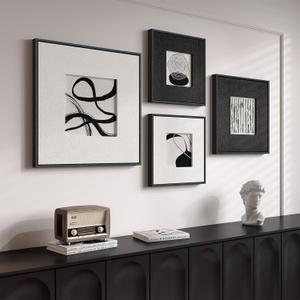 3D Textured Framed Black and White Abstract Wall Art for Living Room, 4 Piece Modern Artwork for Walls, Black White Minimalist Wall Paintings for Hallway Office Wall Decor (24x24"+16x16"(2)+20x20", Balanced Chaos)